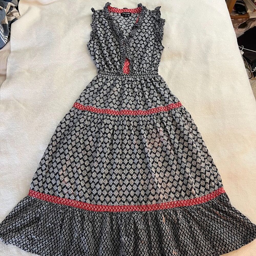 Nautica Jeans Dress Red Blue Ruffle Neck Shoulders Boho Coastal Cotton Size S